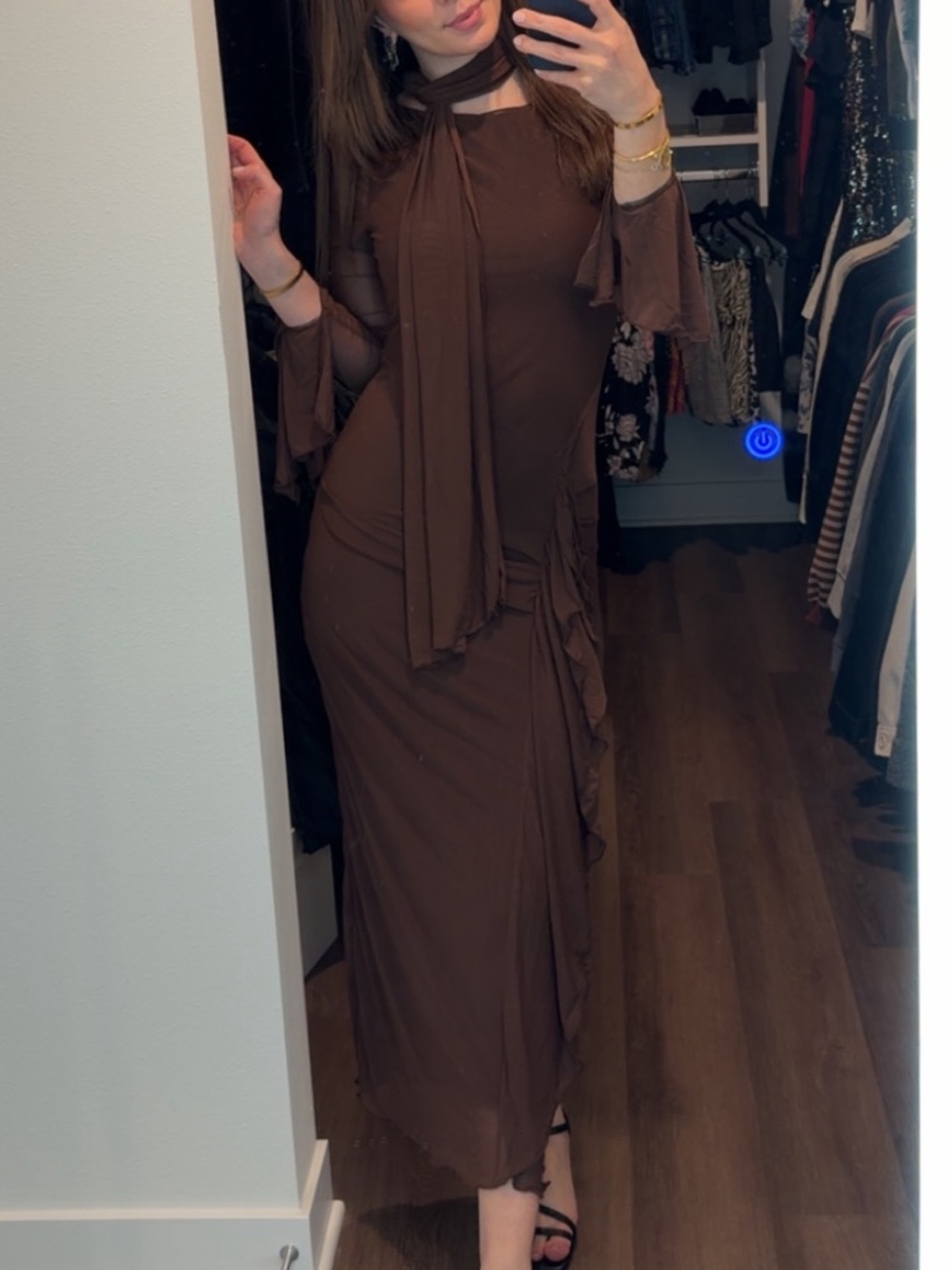 Chocolate Brown Maxi Dress with Dramatic Draped Sleeves and Neck Scarf